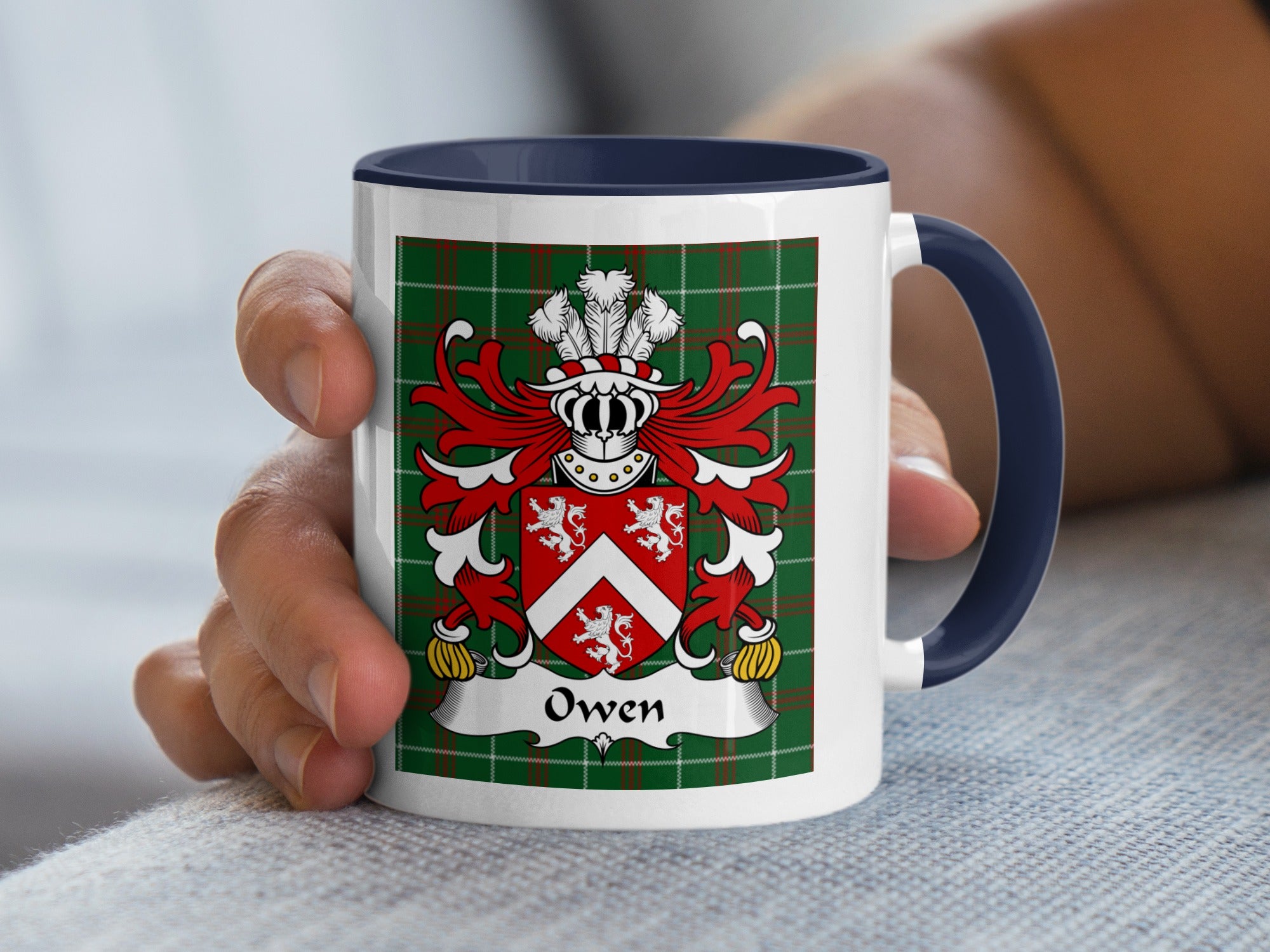 Owen Welsh family crest mug with navy accent and coat of arms on plaid tartan