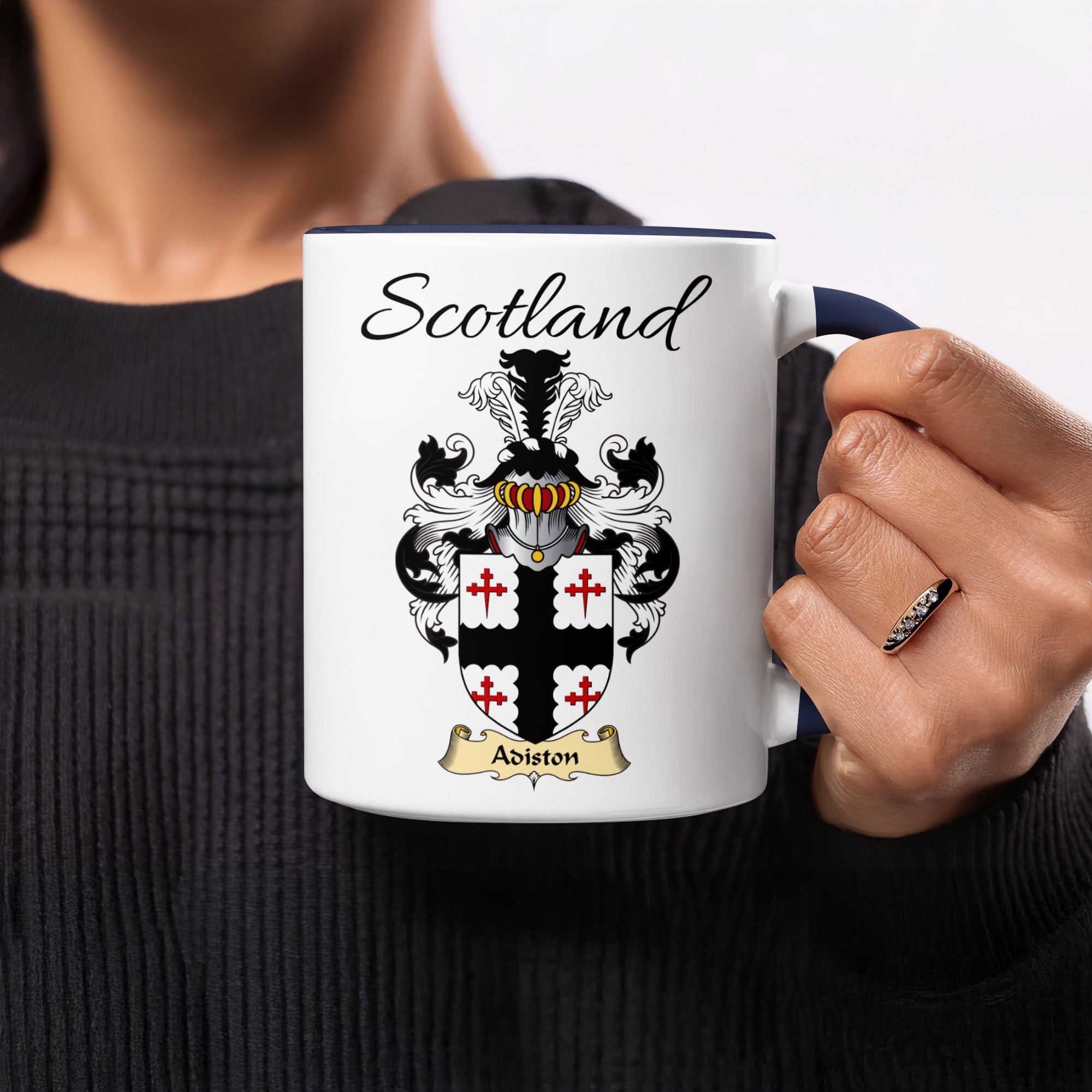 Red-accent Adiston Scottish family crest mugs with Scotland above the heraldic shield