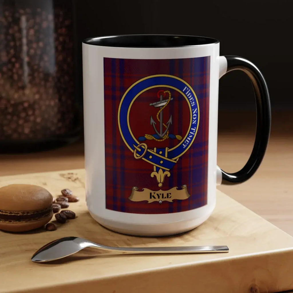 Close-up of the Kyle clan crest printed on a ceramic mug
