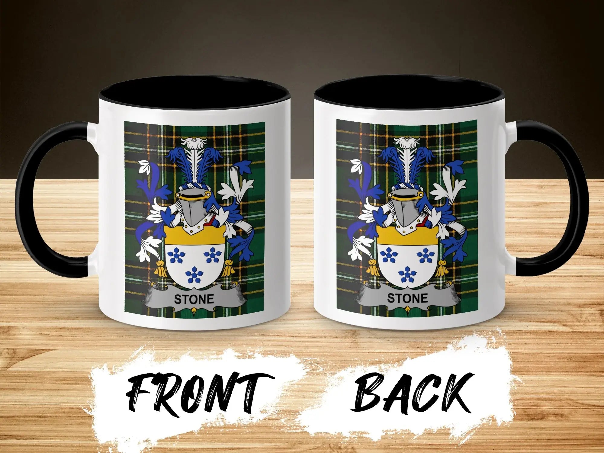 Stone ceramic mug with black handle and family crest on tartan background