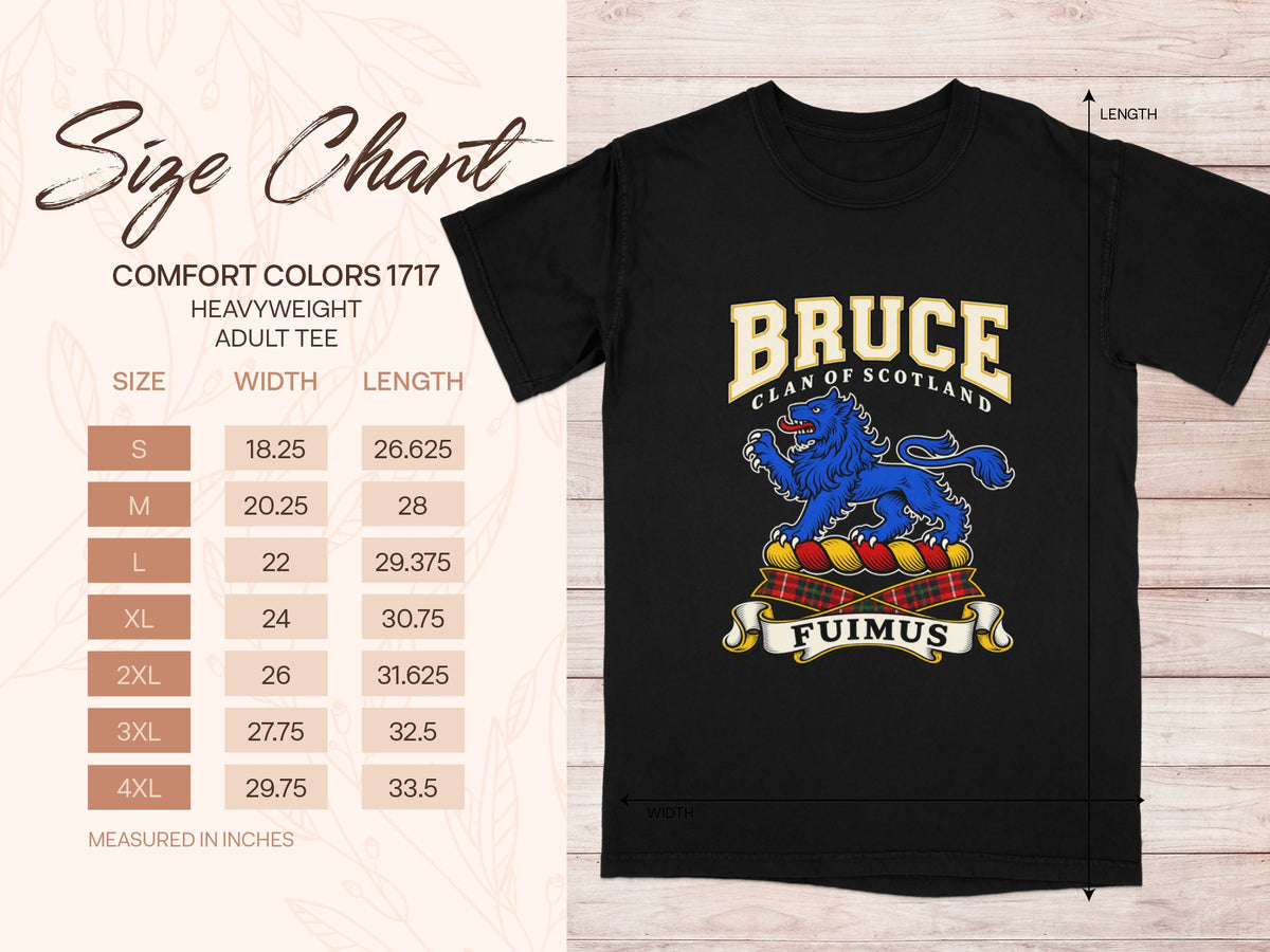 Comfort Colors 1717 size chart with shirt width and length in inches for sizes S to 4XL, beside the Bruce design.