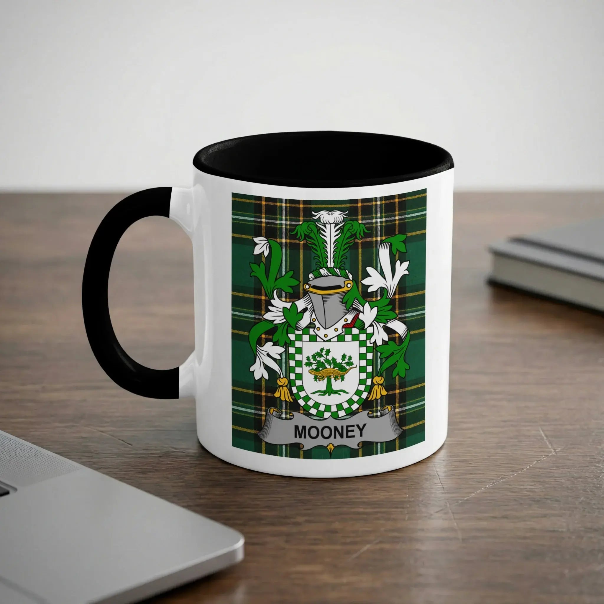 Mooney Irish heritage mug with black handle and family crest