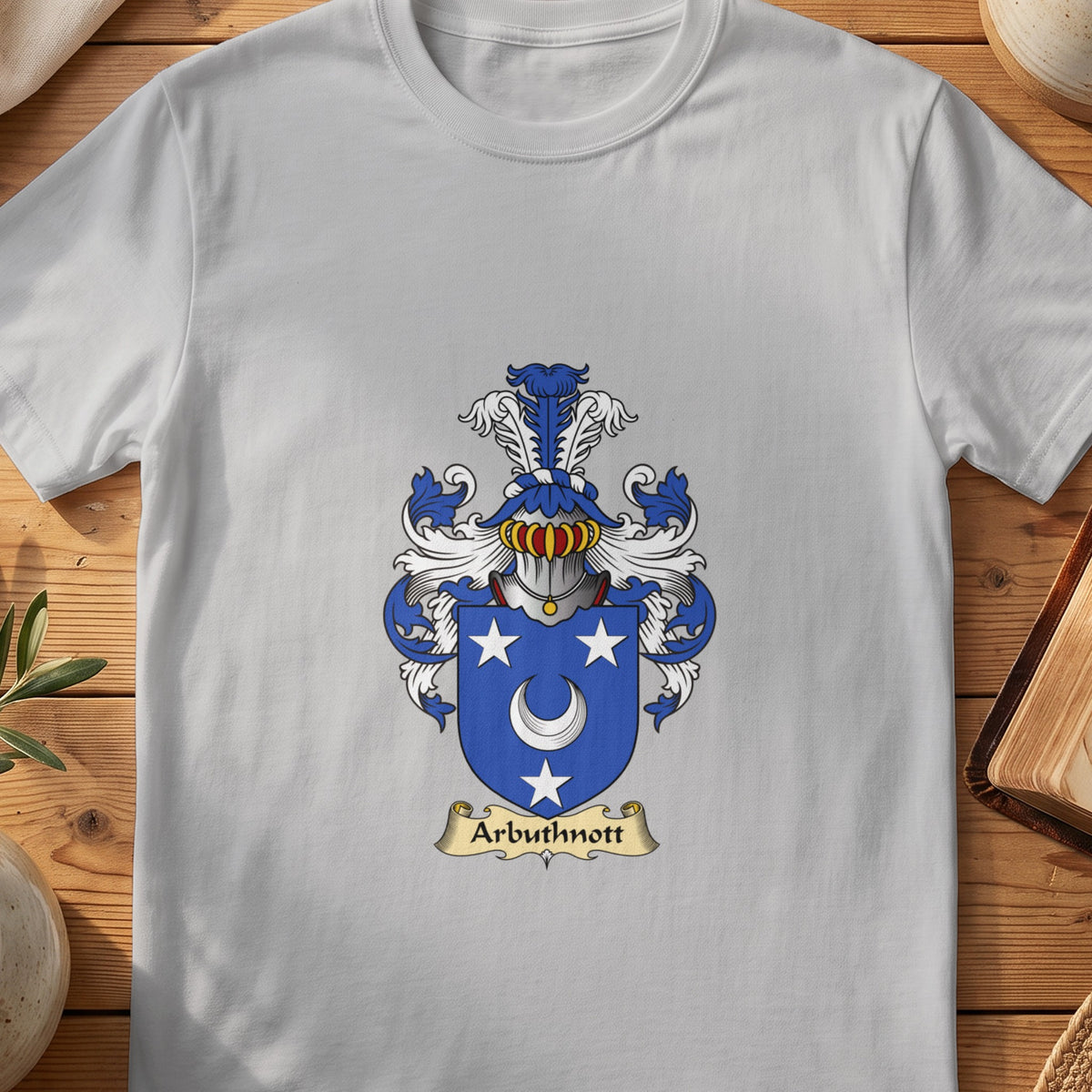 Sport Grey Arbuthnott Scottish family shield T-shirt featuring a white crescent and stars on blue