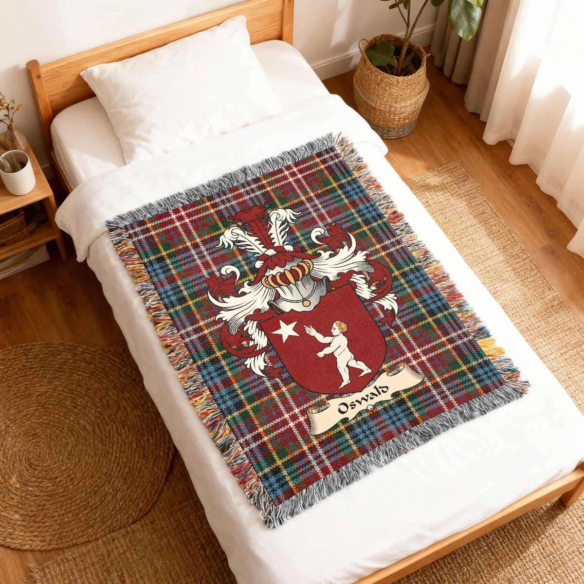 Oswald Caledonia tartan heritage woven throw blanket with family shield