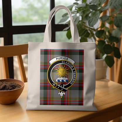 Scottish Clan Purves Crest on Tartan Background Tote Bag - Living Stone Gifts