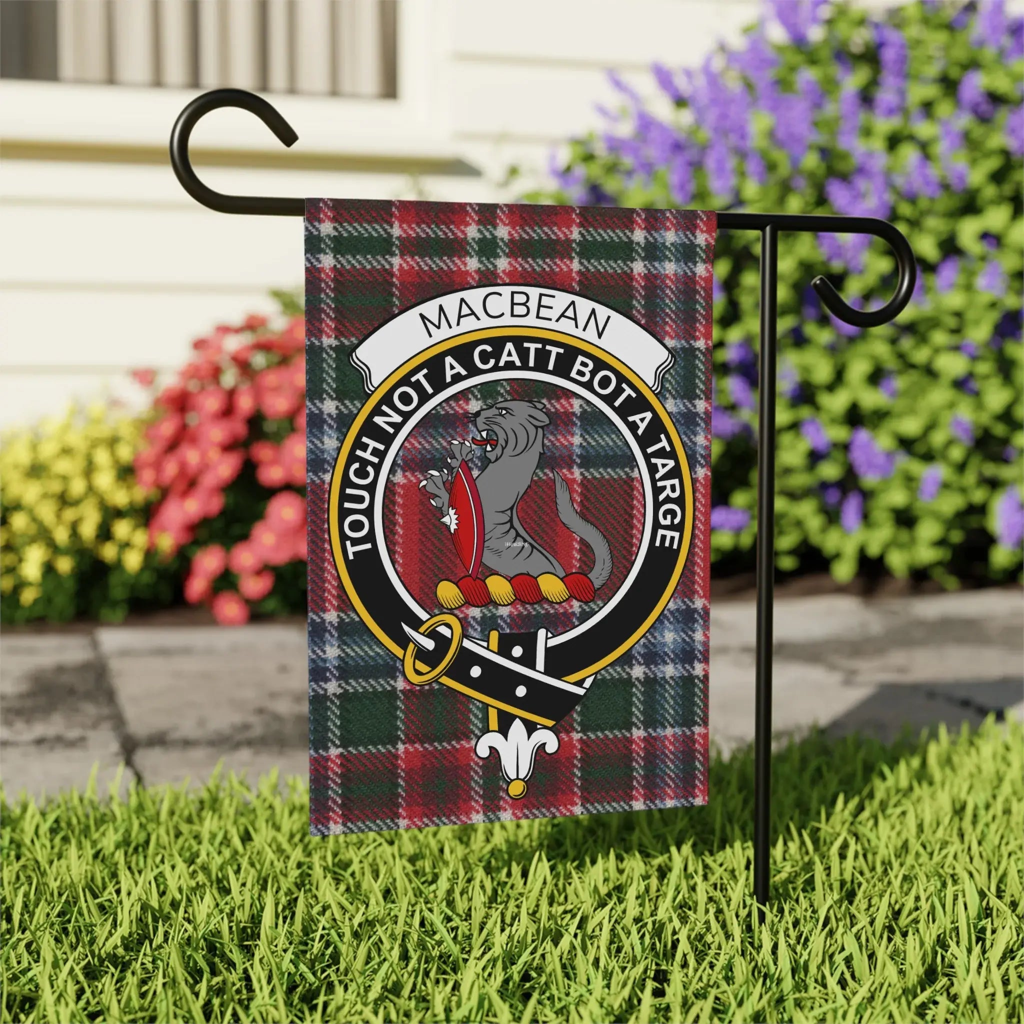 Macbean tartan flag with clan crest and motto "Touch Not a Catt a Bott a Targe".