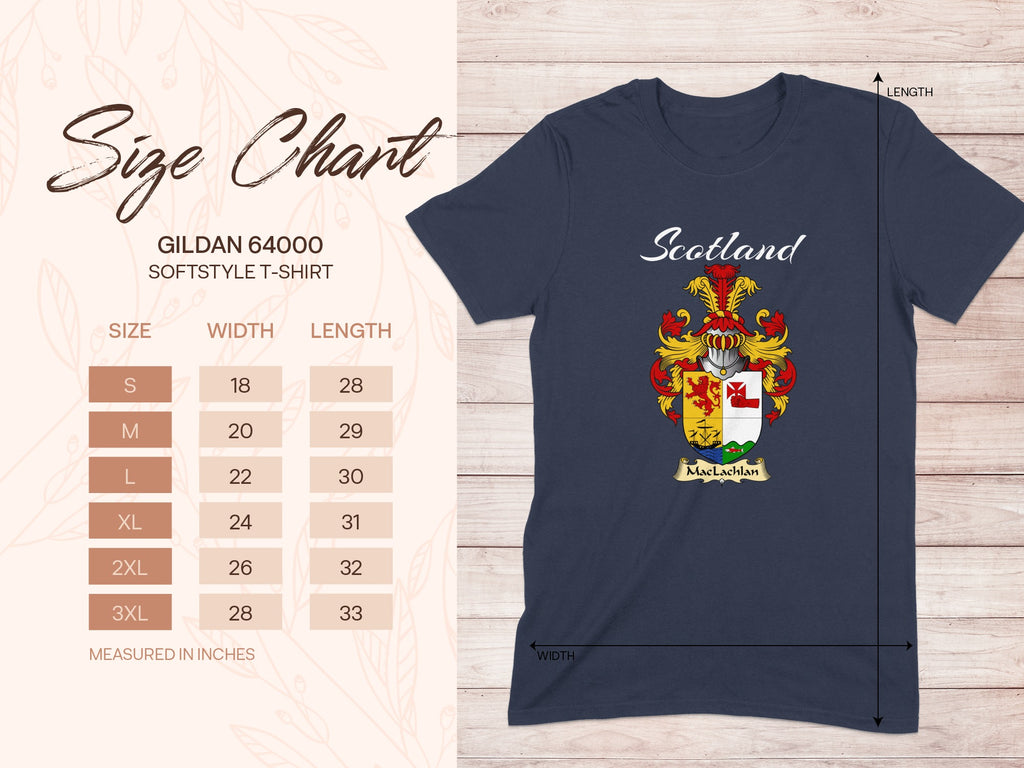 Gildan 64000 size chart for the MacLachlan unisex T-shirt, sizes S to 3XL