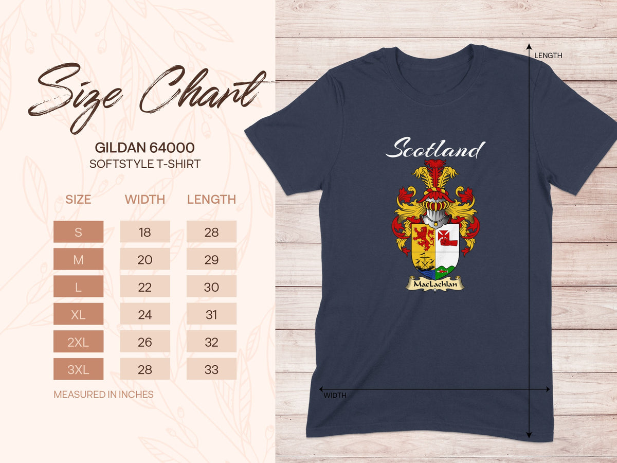 Gildan 64000 size chart for the MacLachlan unisex T-shirt, sizes S to 3XL