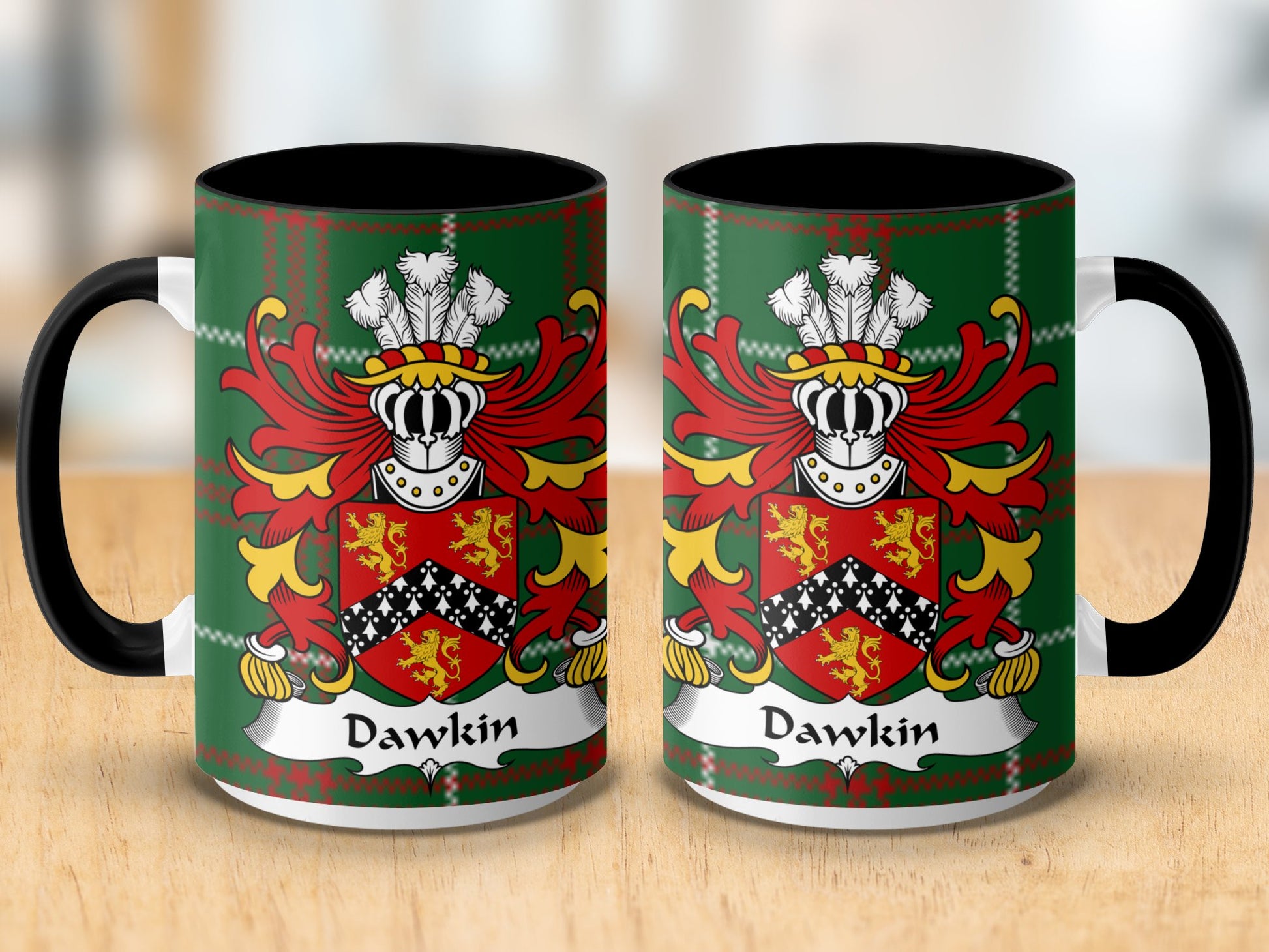 Dawkin Coat of Arms Welsh Tartan Background Mug - Living Stone Gifts