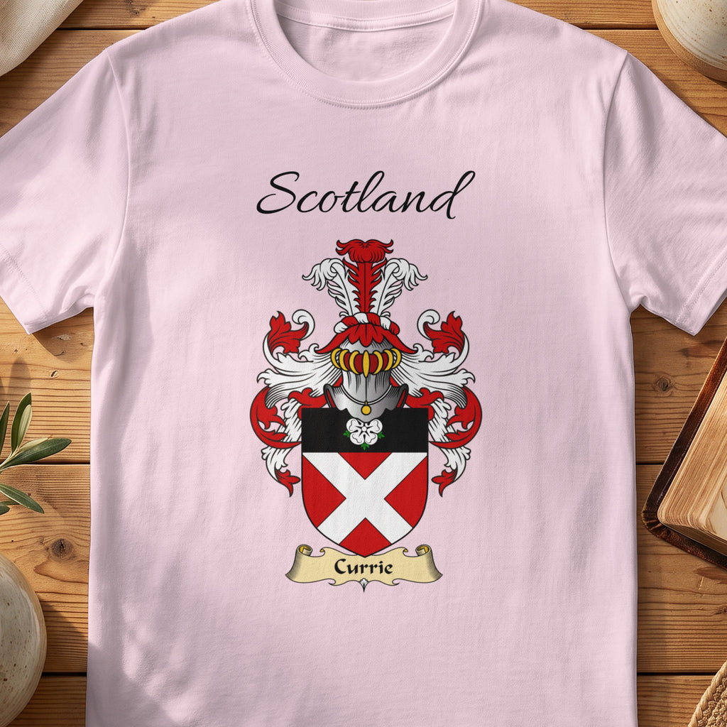 Light Pink Currie Scottish family shield T-shirt featuring a white diagonal cross on red