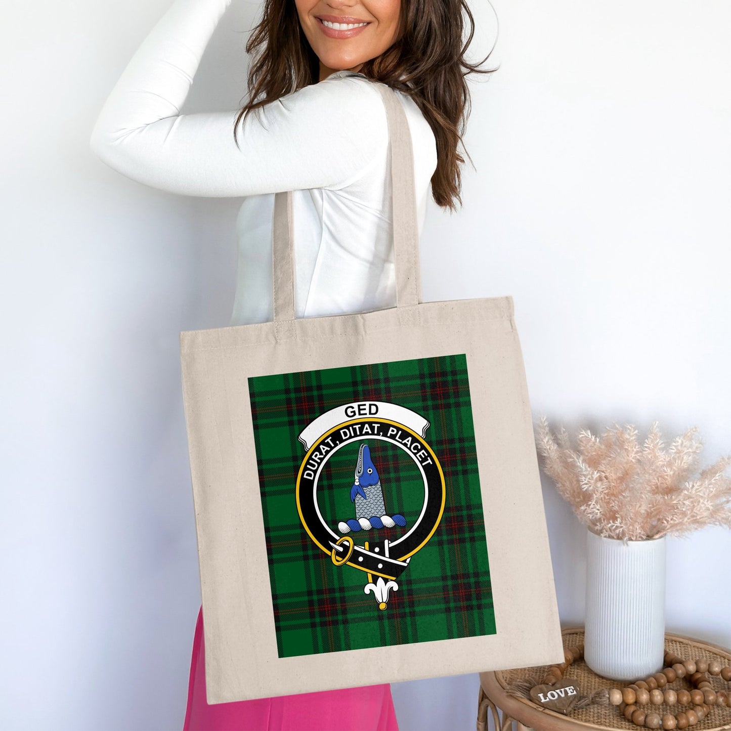 Ged clan scottish tartan badge with motto Tote Bag - Living Stone Gifts