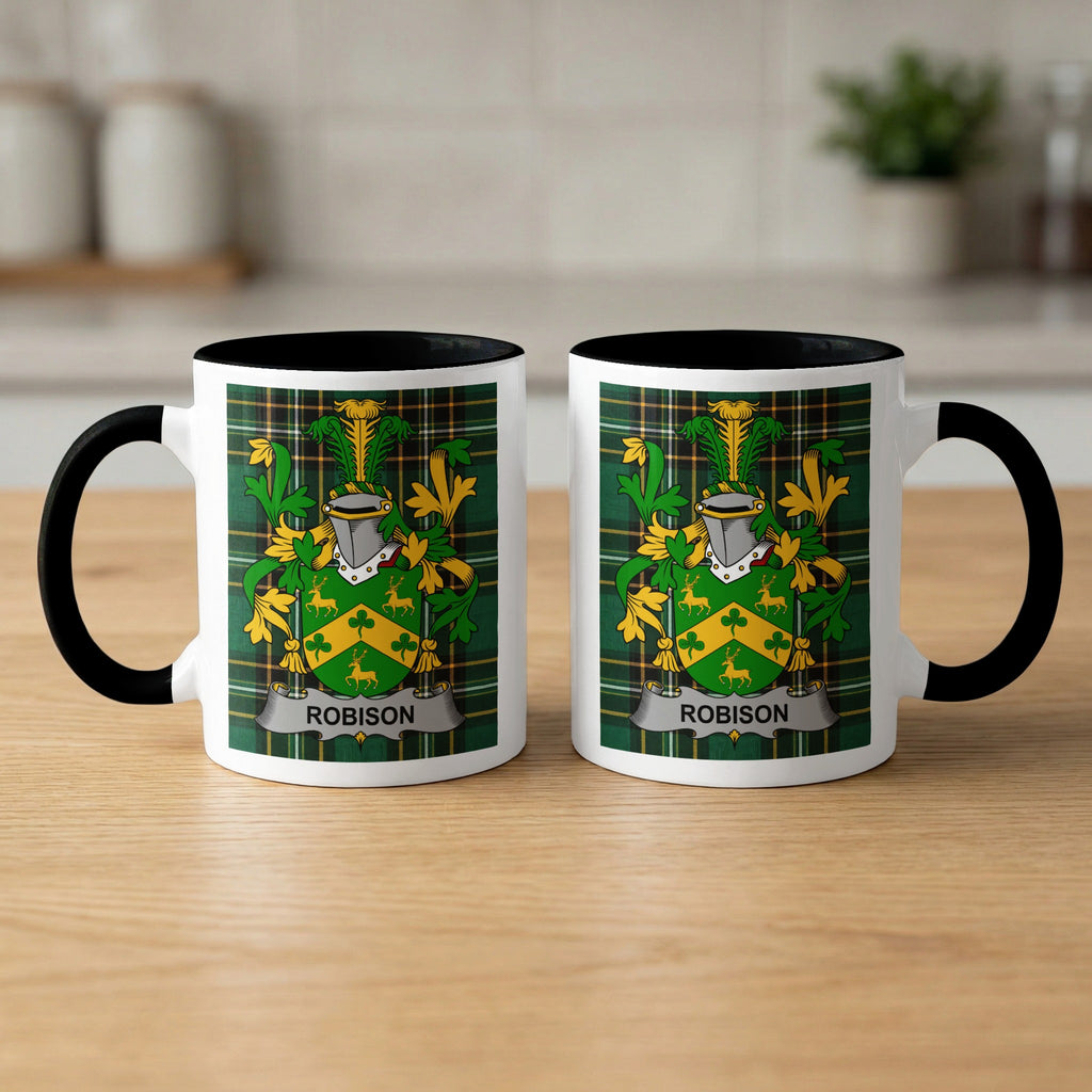 Robison Irish surname mugs front and back — family crest and name, black rims