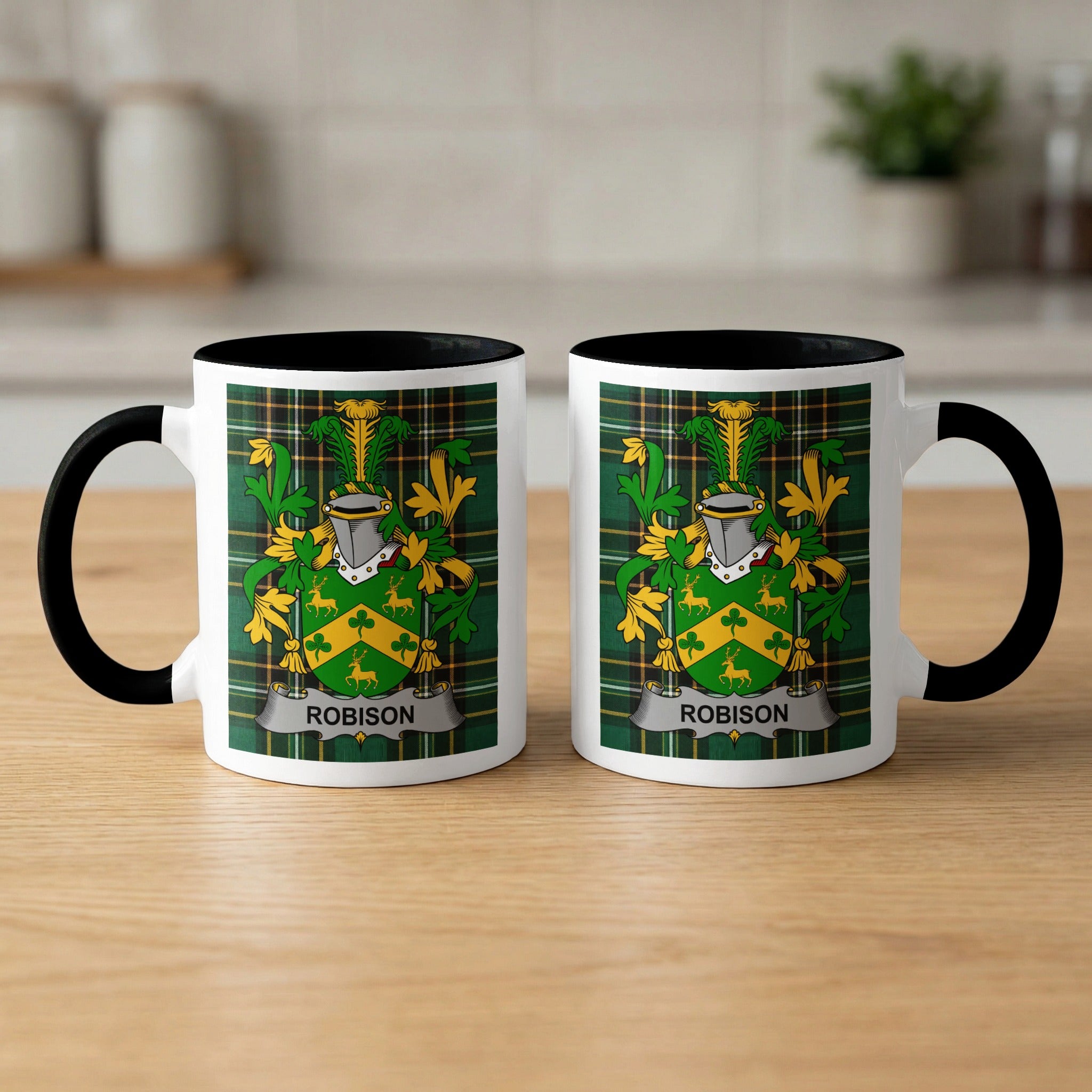 Robison Irish surname mugs front and back — family crest and name, black rims