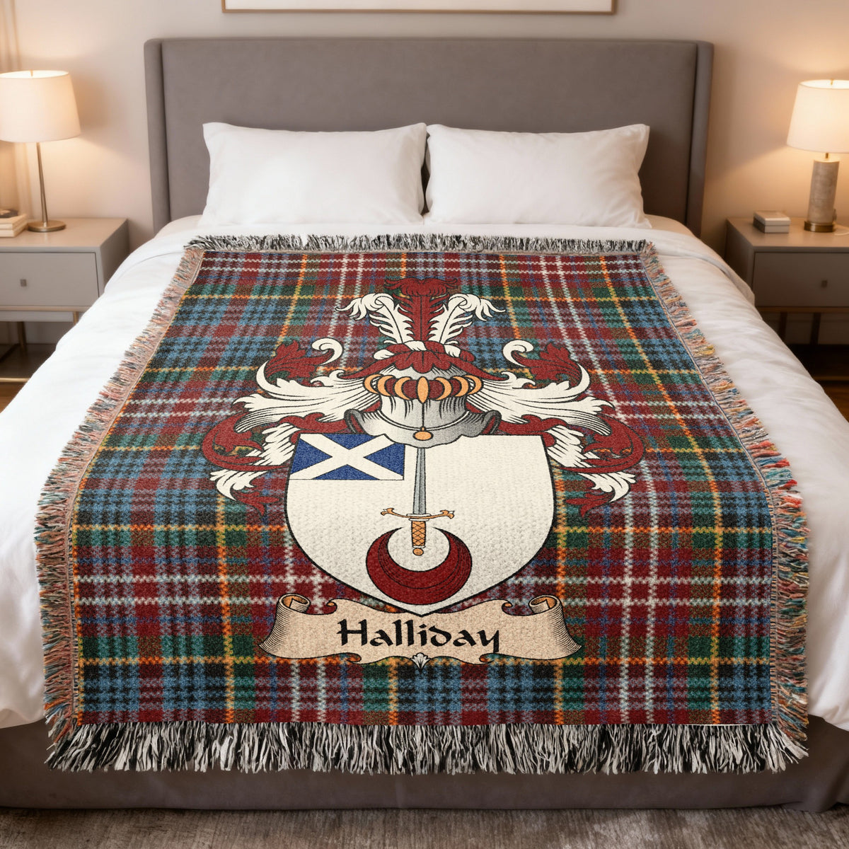 Halliday Caledonia tartan heritage woven throw blanket with family shield