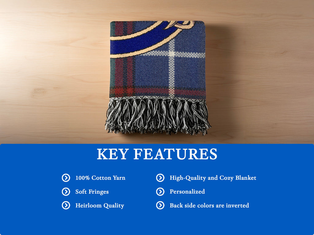 Donaldson woven blanket detail — 100% cotton yarn, soft fringe edges, heirloom quality
