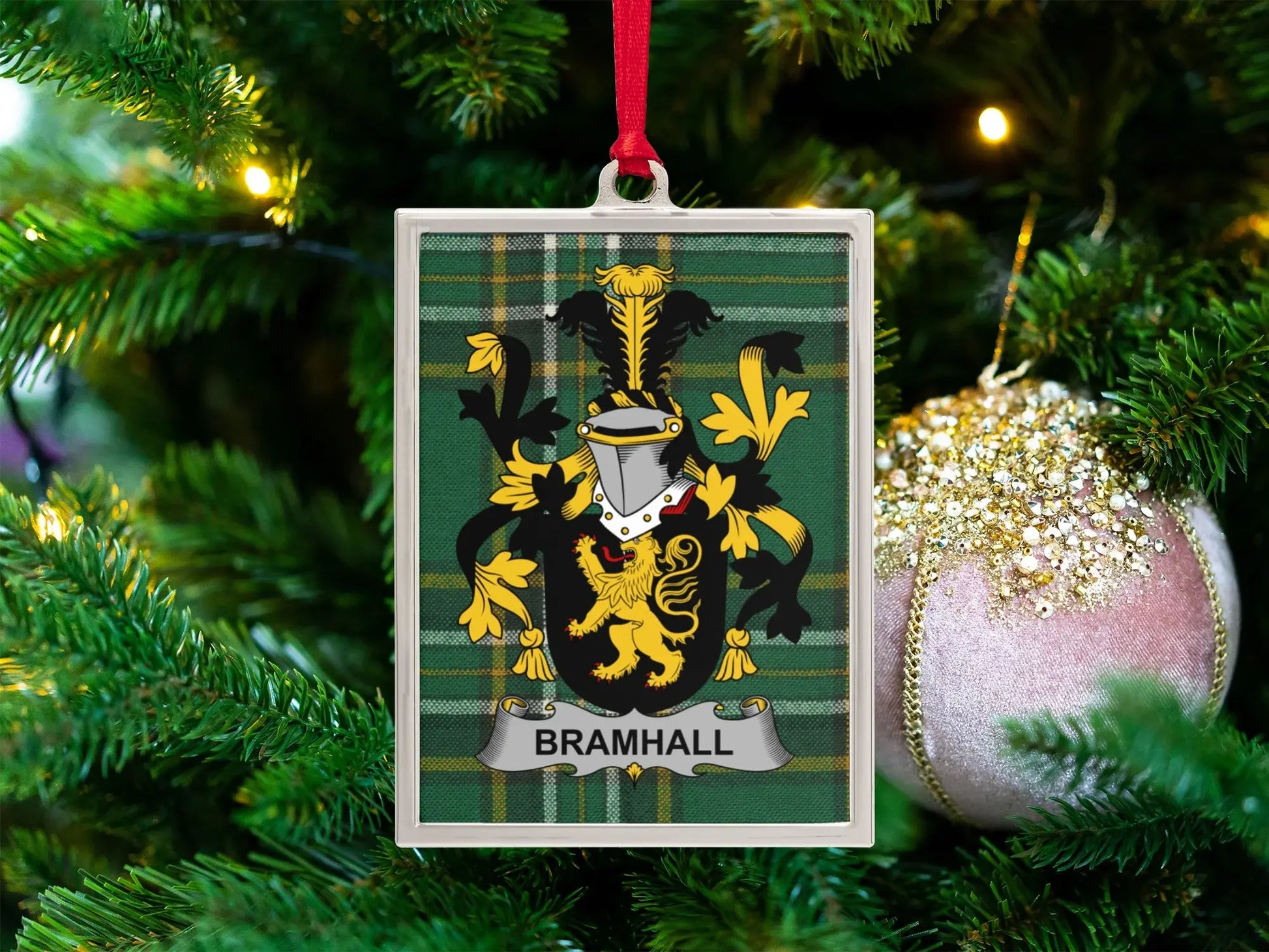 Bramhall Family Crest Plaid Background Ornament product