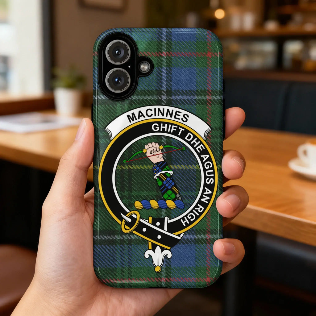 MacInnes Ghìft Dhe Agus An Righ tartan crest phone case — full 3D wrap protective design