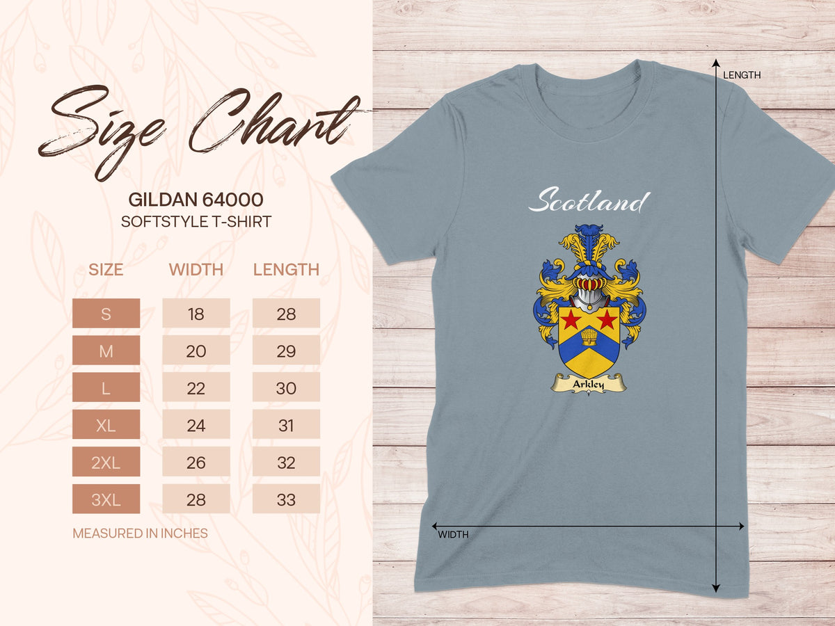 Gildan 64000 size chart for Arkley Scottish family shield T-shirt