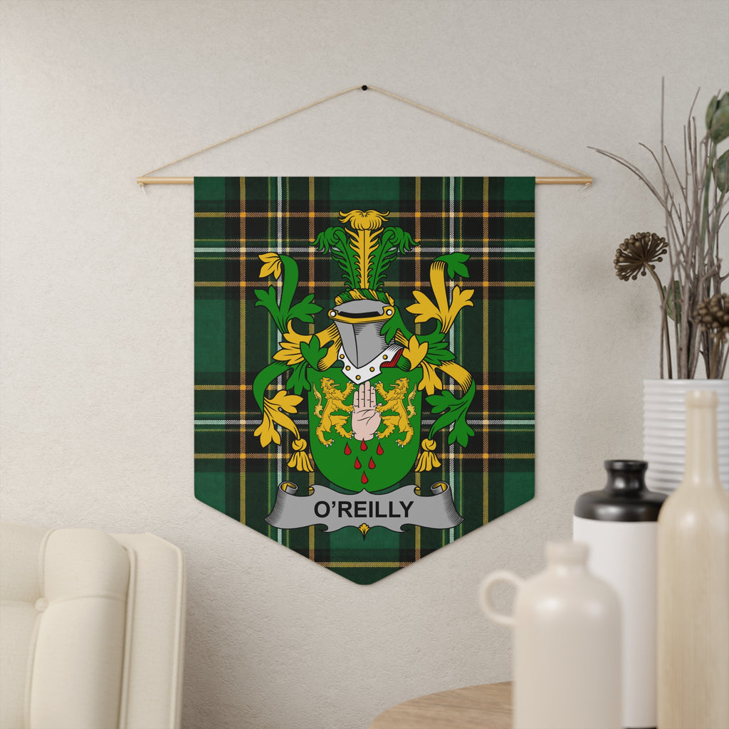 O'Reilly family crest on a green plaid banner, hanging on a wall.