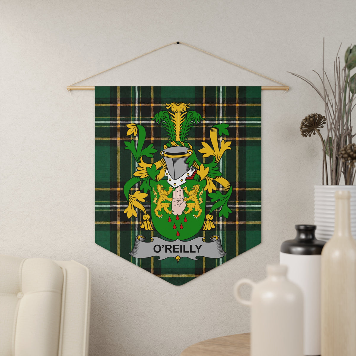 O'Reilly family crest on a green plaid banner, hanging on a wall.