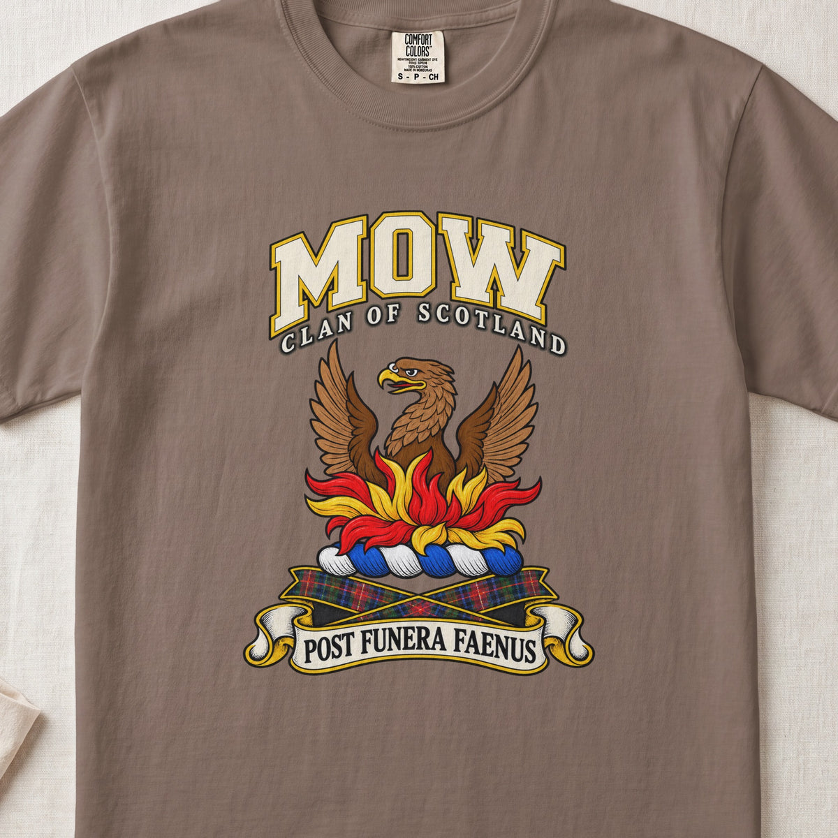 Mow Scottish clan T-shirt in Espresso, front view with a brown bird with spread wings rising above red and gold flames and motto design.
