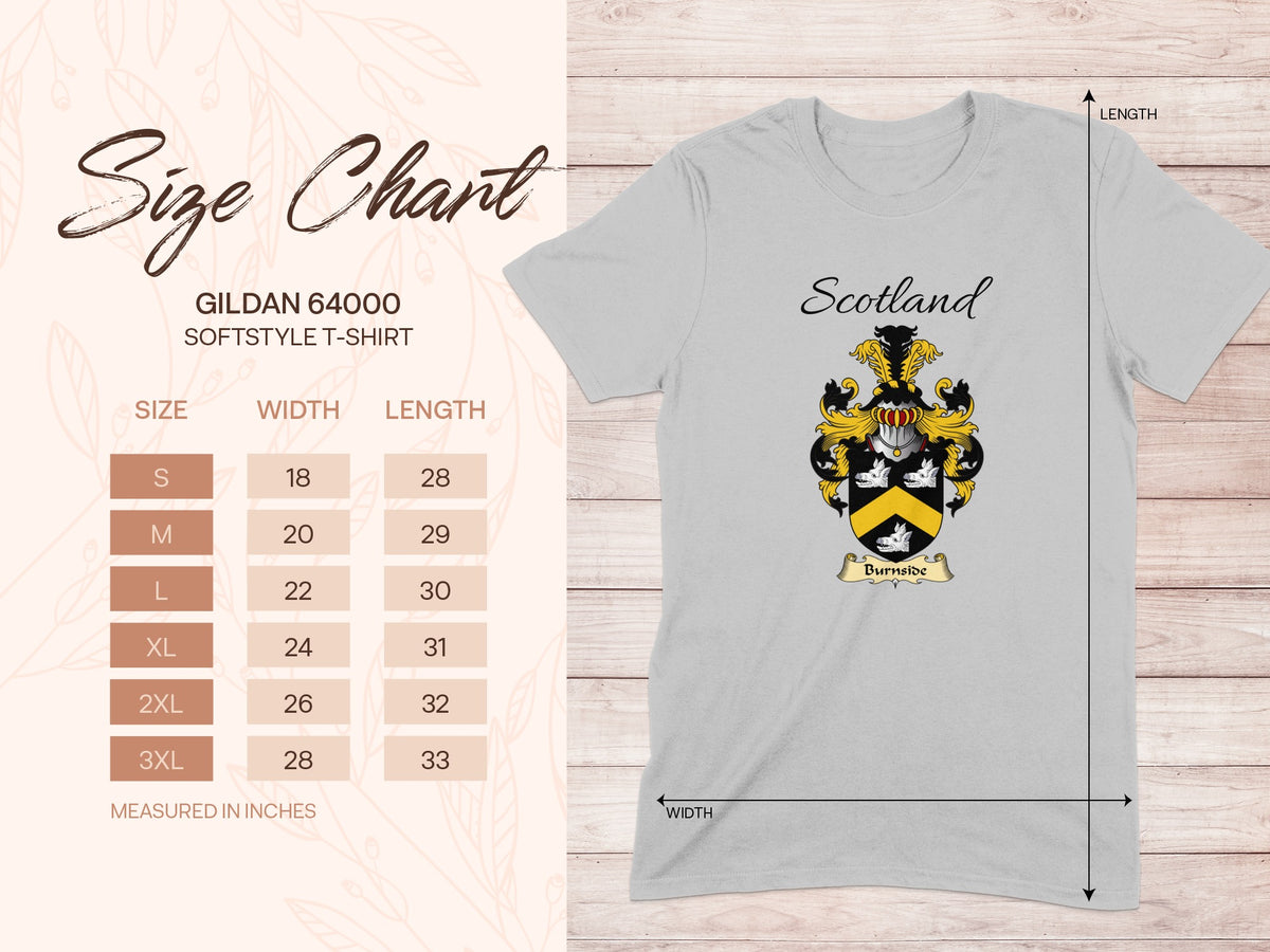 Gildan 64000 size chart for the Burnside unisex T-shirt, sizes S to 3XL