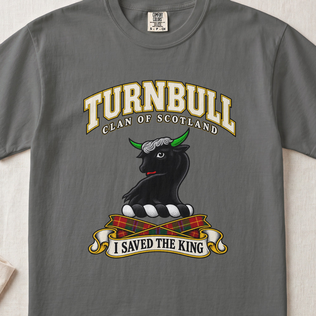 Turnbull Scottish clan T-shirt in Pepper, front view with a black bull head with green horns and motto banner.