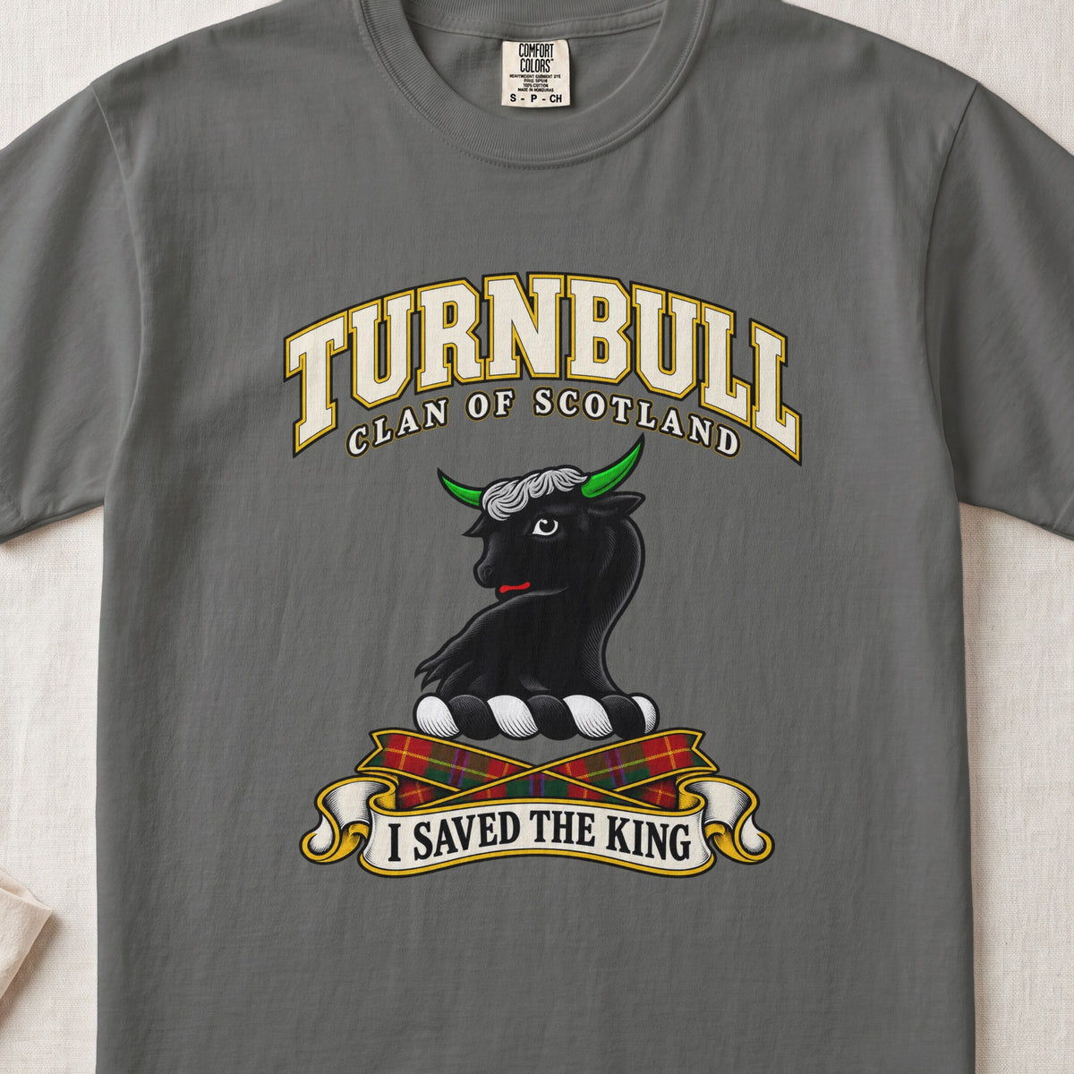 Turnbull Scottish clan T-shirt in Pepper, front view with a black bull head with green horns and motto banner.