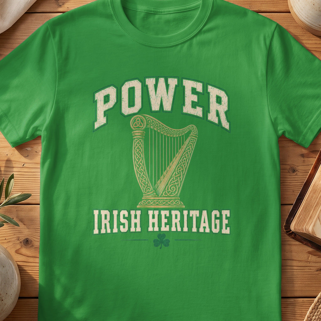 Power Irish Heritage green Gildan 64000 T-shirt with Celtic harp design