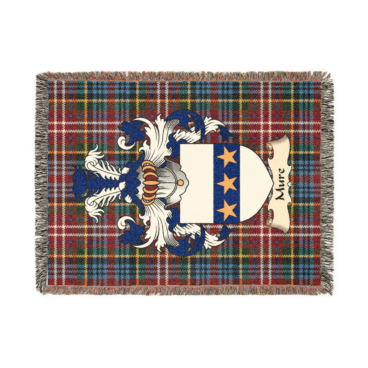 Mure Scottish woven blanket with family shield and Caledonia tartan background