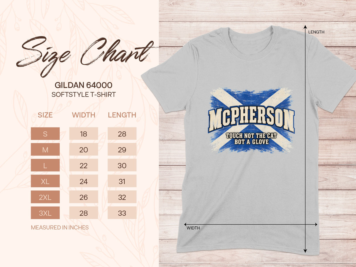 Gildan Softstyle 64000 size chart for the McPherson Saltire T-shirt, showing shirt width and length in inches.