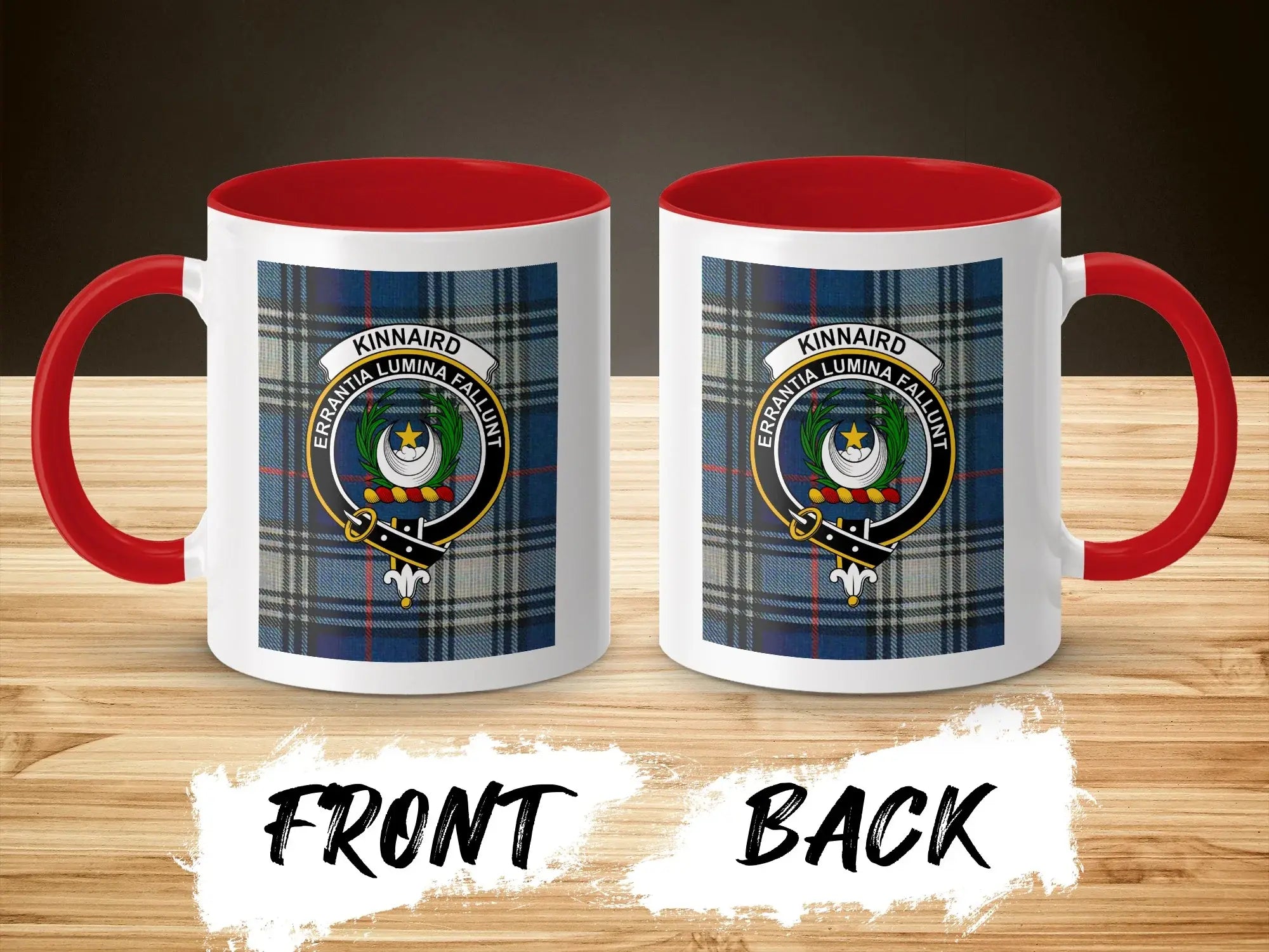 Clan Kinnaird tartan accent mug — red handle and interior, 11 oz with clan crest design