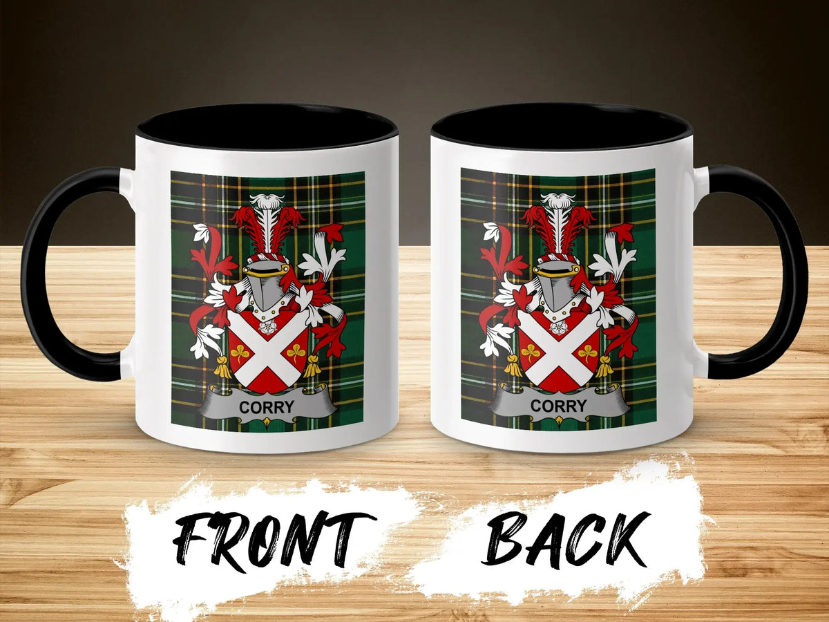 Corry family crest accent mug shown from front and back with black interior.