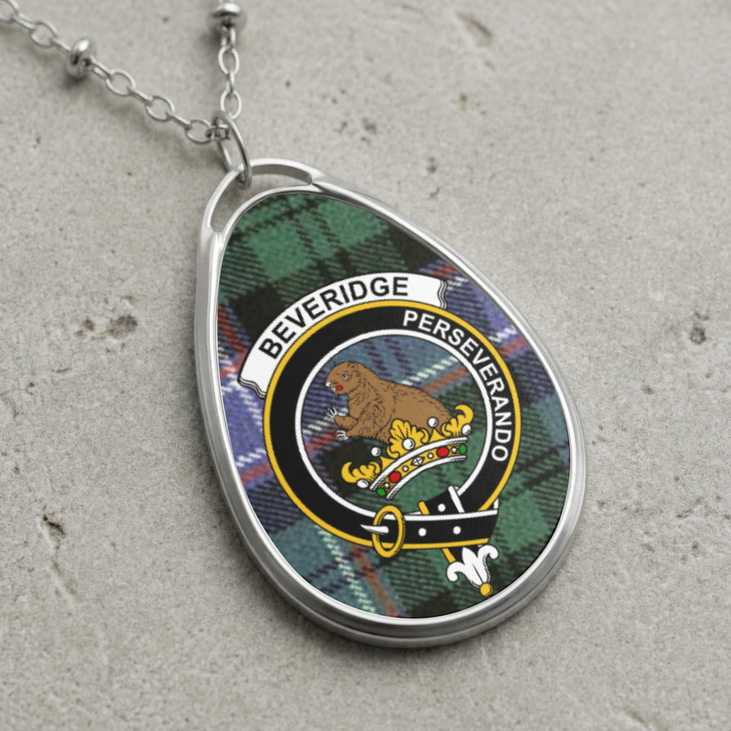 Beveridge clan Scottish tartan necklace with clan crest on tartan background