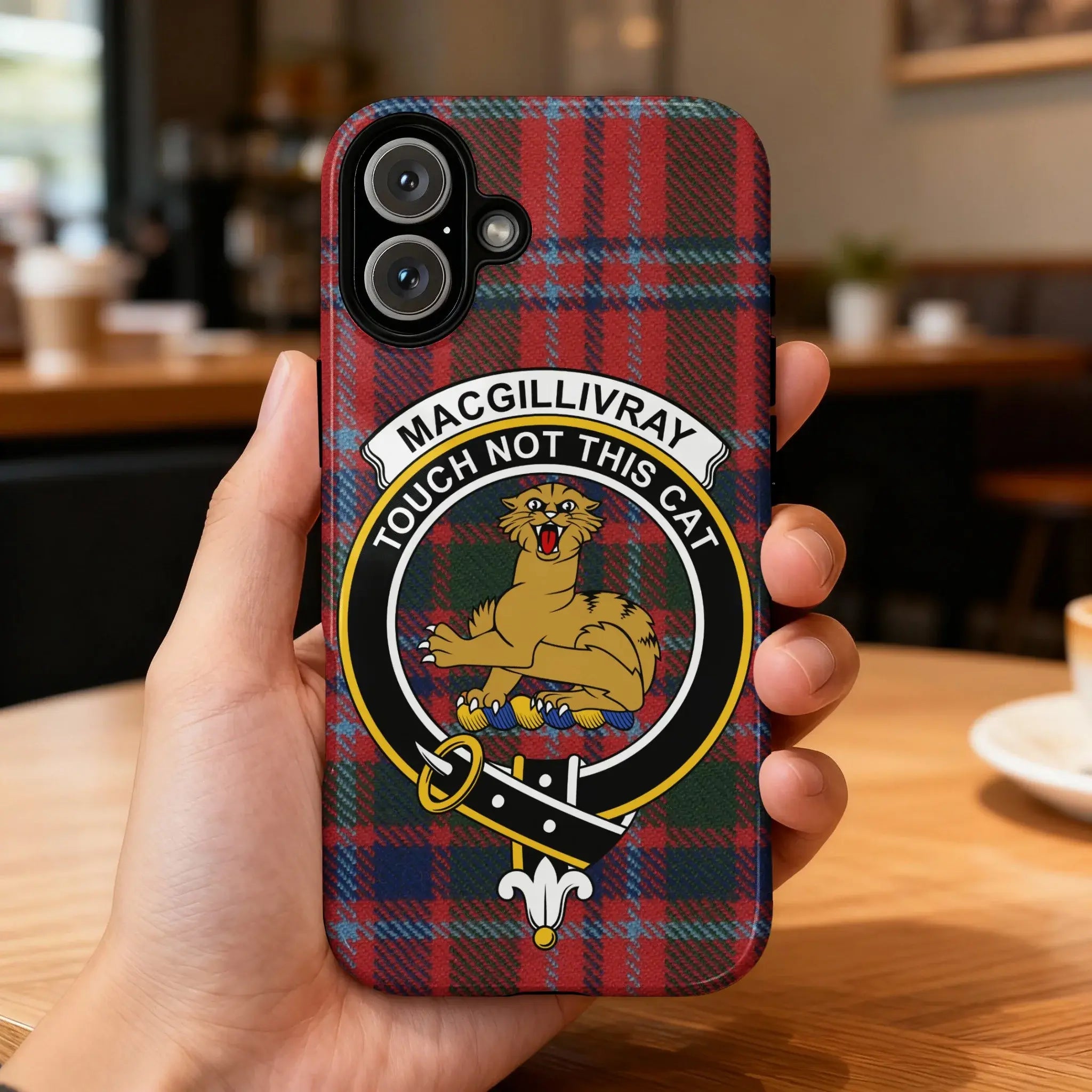 MacGillivray clan crest tartan phone case — Touch Not the Cat full wrap glossy print on iPhone