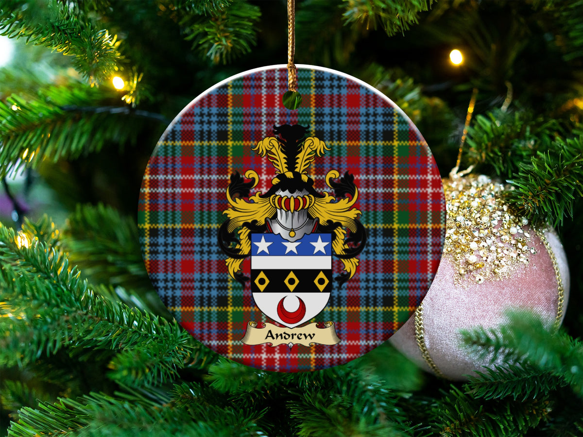 Andrew Scottish clan ceramic ornament with family crest on a Caledonia tartan background, hanging on a Christmas tree