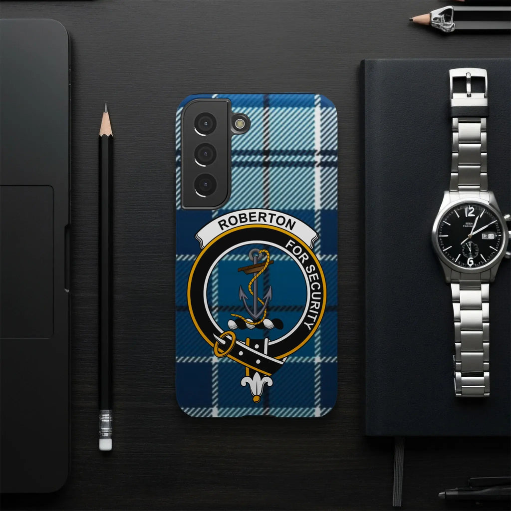 Robertson clan crest phone case — blue tartan pattern, Samsung variant