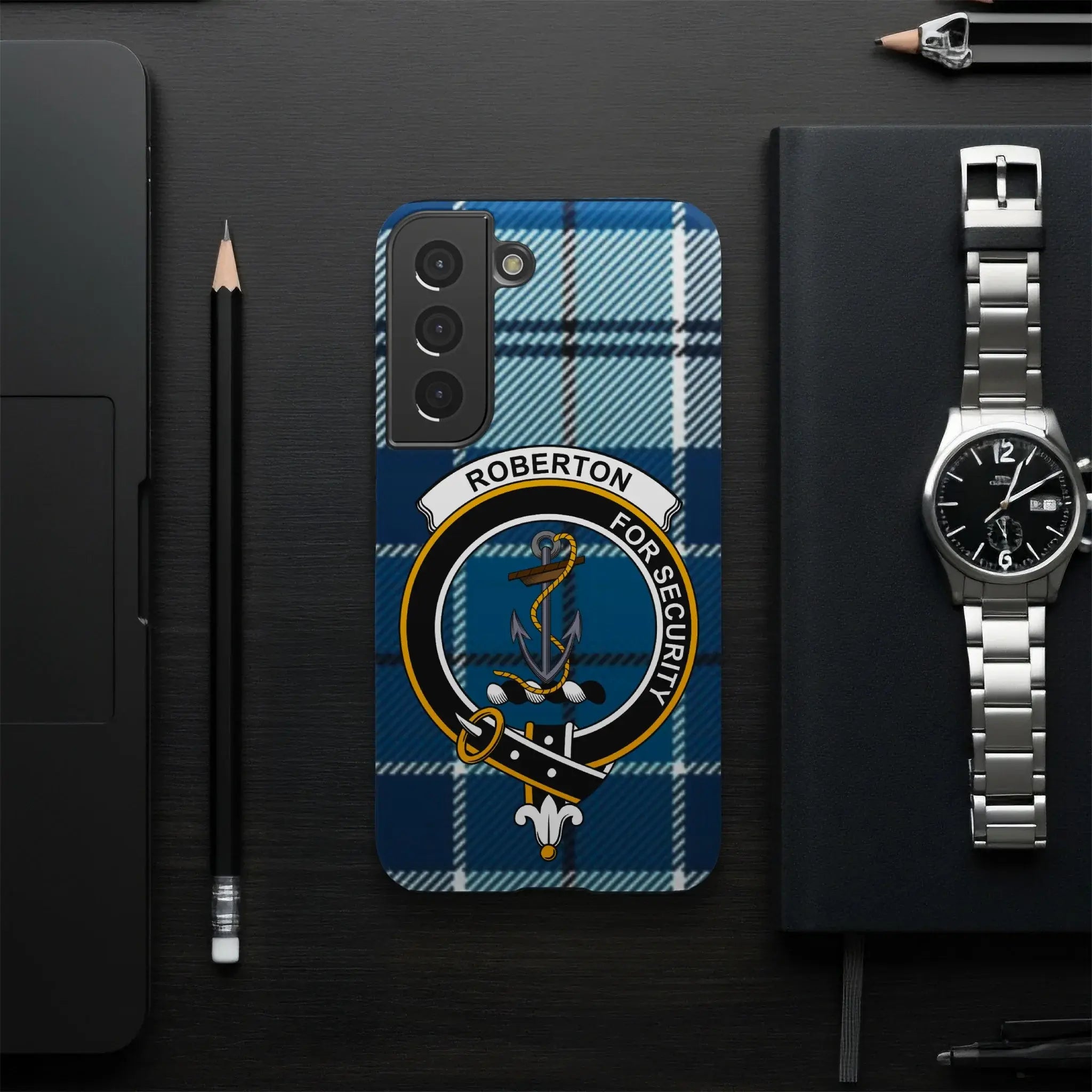 Robertson clan crest phone case — blue tartan pattern, Samsung variant