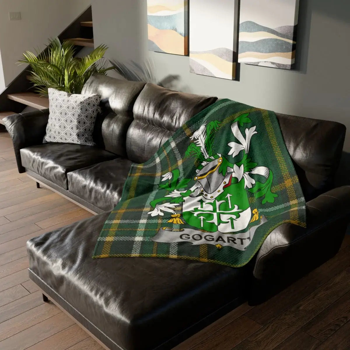 Heraldic Family Crest with Green Tartan Throw Blanket product