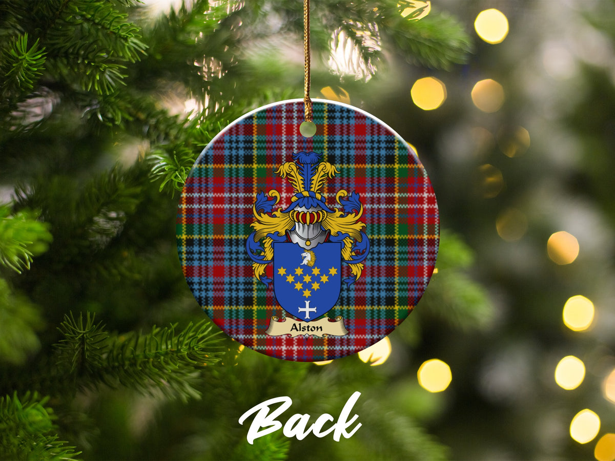 Double-sided Alston ceramic ornament with family shield and Caledonia tartan background