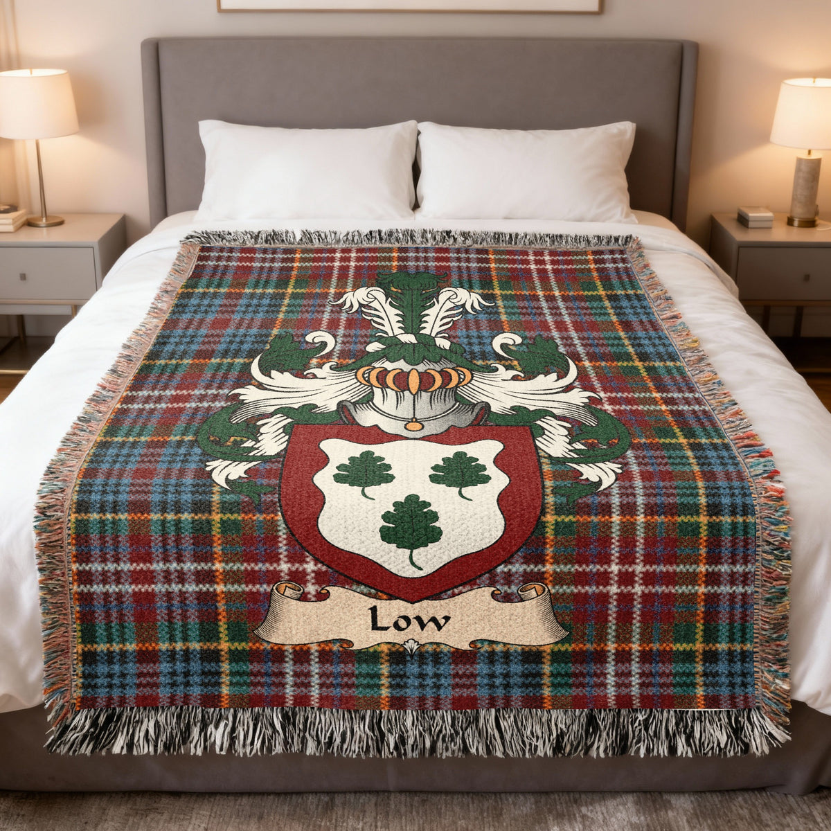 Low Caledonia tartan heritage woven throw blanket with family shield