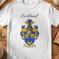 White Craigsmyle Scottish family shield T-shirt featuring a gold crescent beneath two gold sheaves on blue
