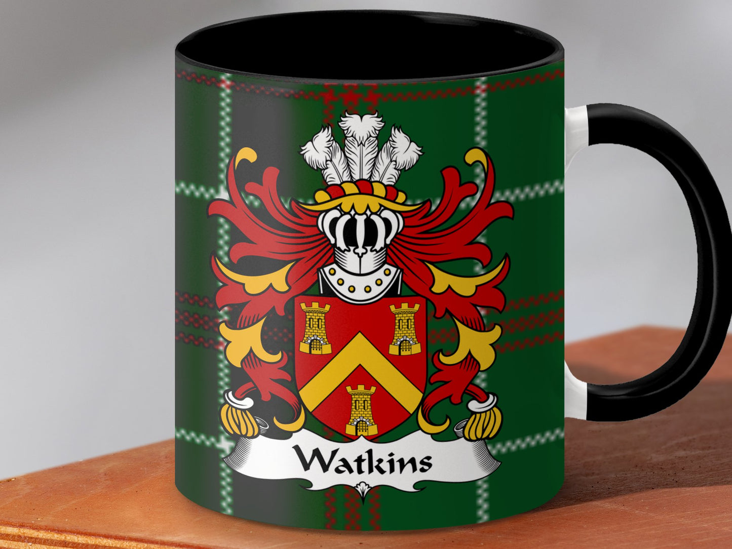 Watkins Coat of Arms on Welsh National Tartan Background Mug - Living Stone Gifts