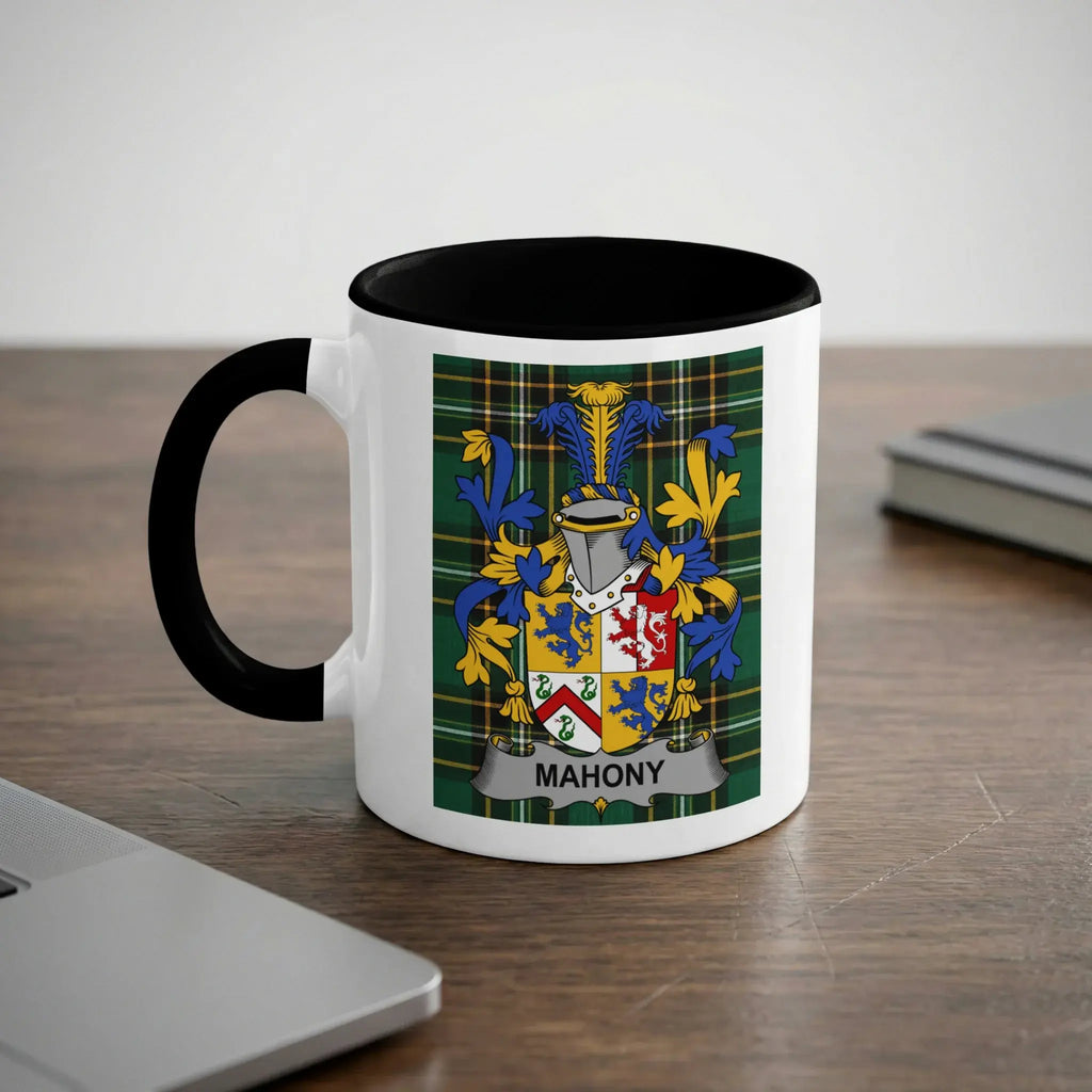 Mahony Irish heritage mug with black handle and family crest
