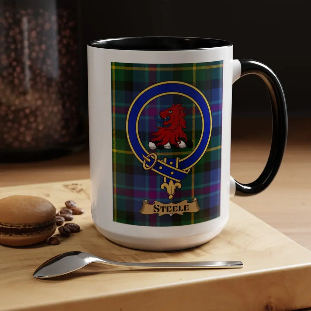 Close-up of the Steele clan crest printed on a ceramic mug