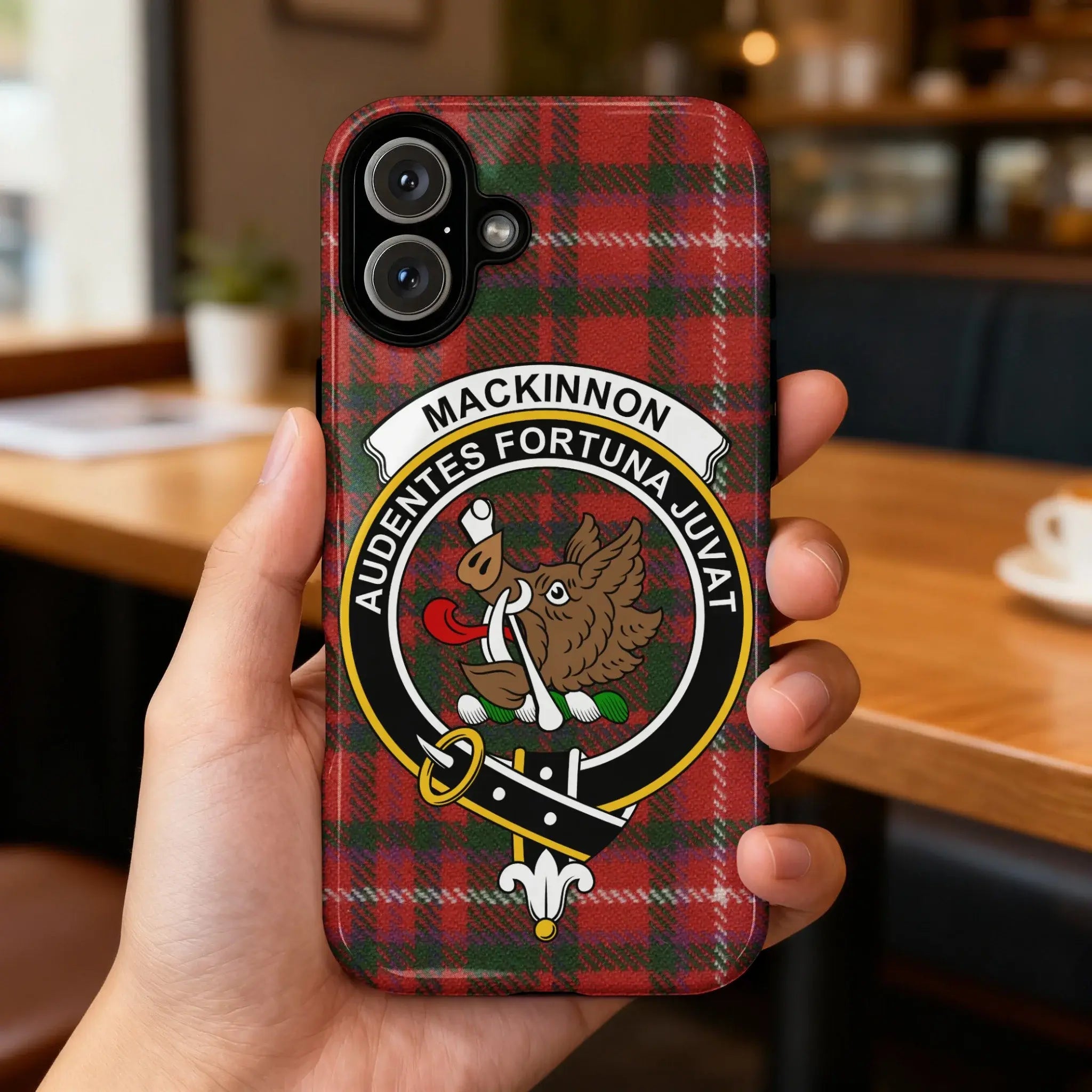 MacKinnon Audentes Fortuna Juvat tartan crest iPhone case — full 3D wrap Scottish heritage design