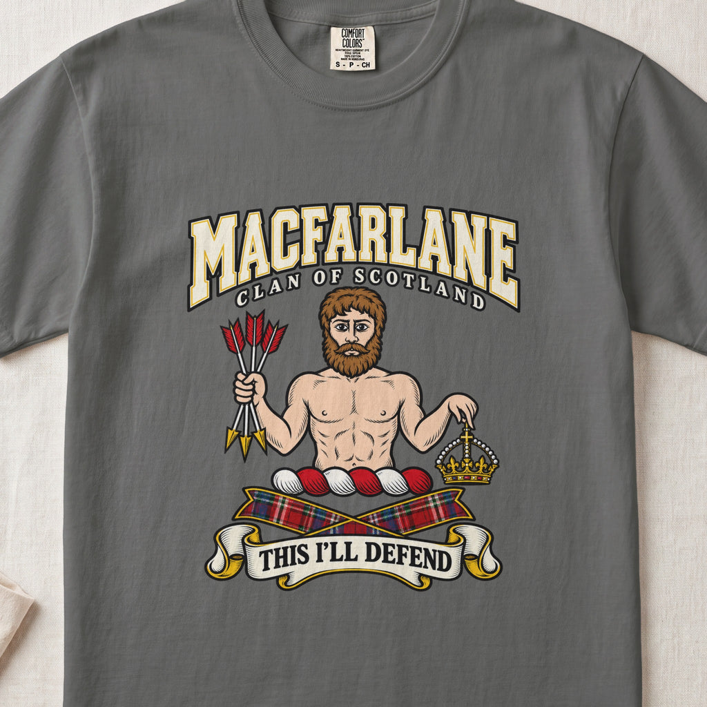 MacFarlane graphic T-shirt in Pepper gray, front flat lay showing varsity lettering and bearded bare-chested man holding a bundle of arrows and a crown.