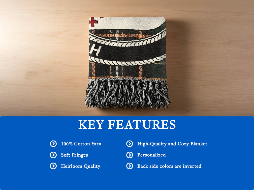 House of O'Crowley woven blanket features chart showing cotton yarn, fringe and reversed colors on the back