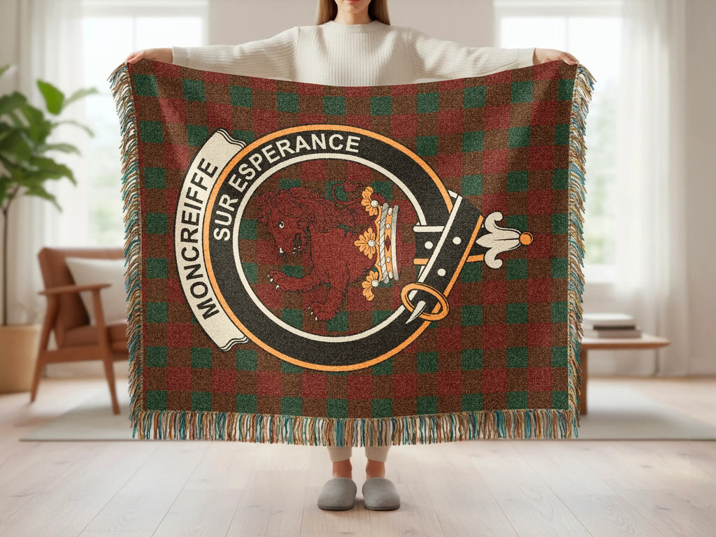 Moncreiffe Sur Esperance plaid woven throw blanket with fringe edge — clan crest in cotton