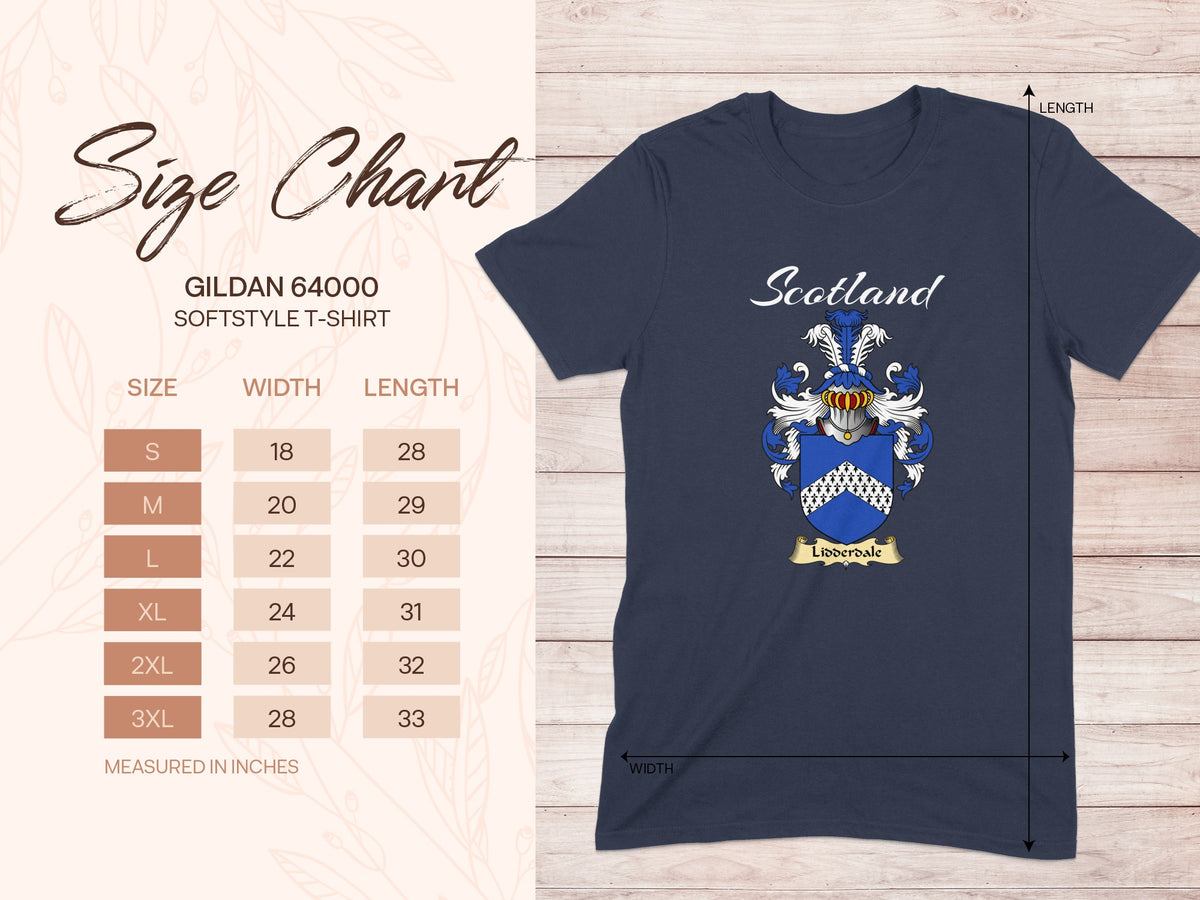 Gildan 64000 size chart for the Lidderdale unisex T-shirt, sizes S to 3XL